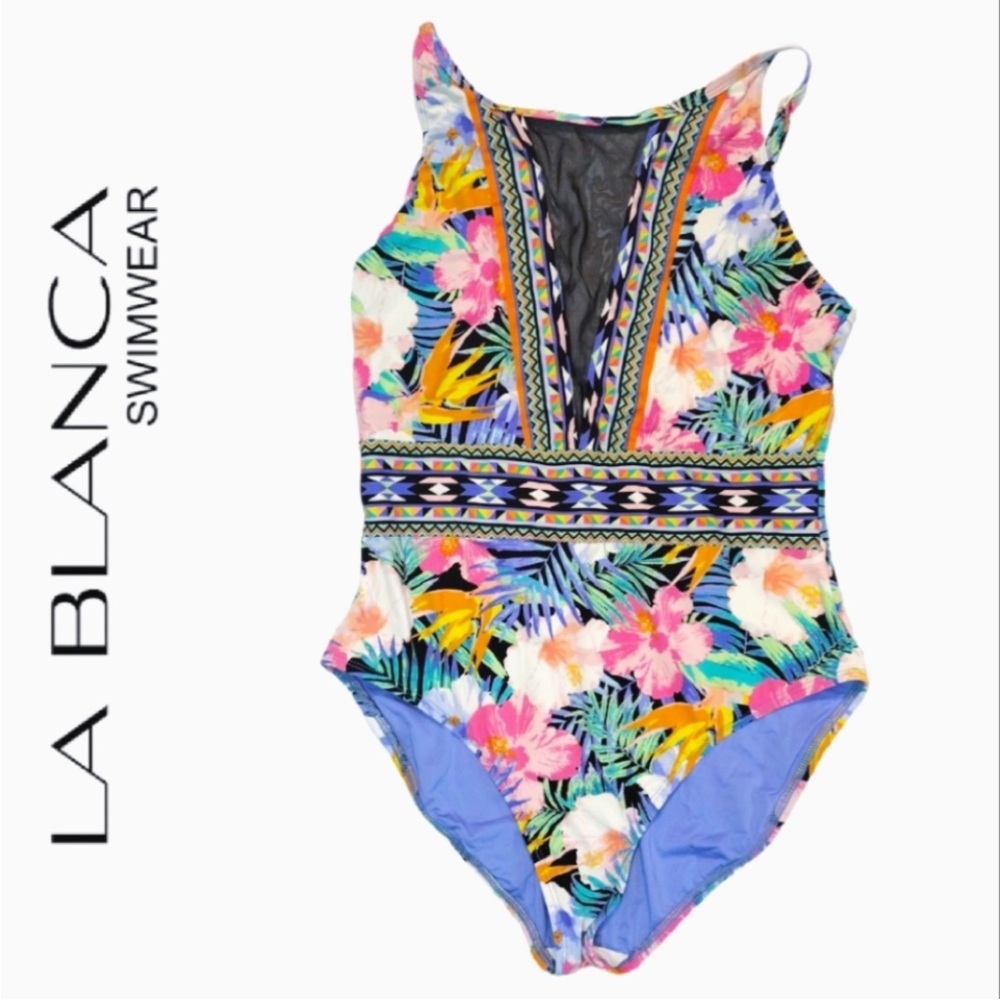 La Blanca Multi Color Tropical Aztec Print High Neck 1 Piece Swimsuit